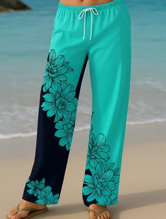 Outlet Women's Culottes Wide Leg Vacation Vintage Ethnic Style Long High Waist Floral Graphic Quick Dry Breathability Soft Inelastic Formal Outdoor Vacation Lake blue Yellow Blue Green Summer Spring Women Pants