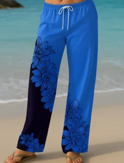 Outlet Women's Culottes Wide Leg Vacation Vintage Ethnic Style Long High Waist Floral Graphic Quick Dry Breathability Soft Inelastic Formal Outdoor Vacation Lake blue Yellow Blue Green Summer Spring Women Pants