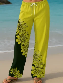 Outlet Women's Culottes Wide Leg Vacation Vintage Ethnic Style Long High Waist Floral Graphic Quick Dry Breathability Soft Inelastic Formal Outdoor Vacation Lake blue Yellow Blue Green Summer Spring Women Pants