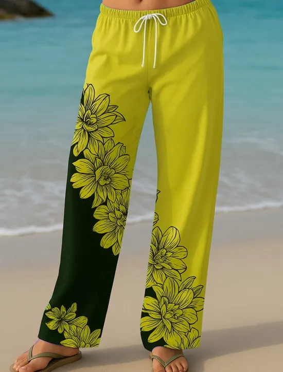 Outlet Women's Culottes Wide Leg Vacation Vintage Ethnic Style Long High Waist Floral Graphic Quick Dry Breathability Soft Inelastic Formal Outdoor Vacation Lake blue Yellow Blue Green Summer Spring Women Pants
