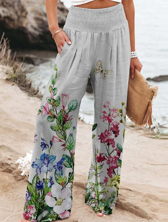 Clearance Women's Culottes Wide Leg Chinos Vacation Vintage Fashion Full Length High Waist Floral Pocket Elastic Waistband Comfy Soft Comfortable Micro-elastic Outdoor Vacation Magenta Robin's Egg Blue Pink Women Pants|Spring Pants