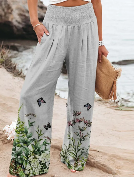 Clearance Women's Culottes Wide Leg Chinos Vacation Vintage Fashion Full Length High Waist Floral Pocket Elastic Waistband Comfy Soft Comfortable Micro-elastic Outdoor Vacation Magenta Robin's Egg Blue Pink Women Pants|Spring Pants