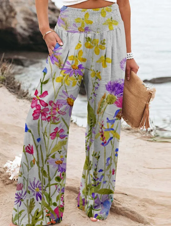 Clearance Women's Culottes Wide Leg Chinos Vacation Vintage Fashion Full Length High Waist Floral Pocket Elastic Waistband Comfy Soft Comfortable Micro-elastic Outdoor Vacation Magenta Robin's Egg Blue Pink Women Pants|Spring Pants
