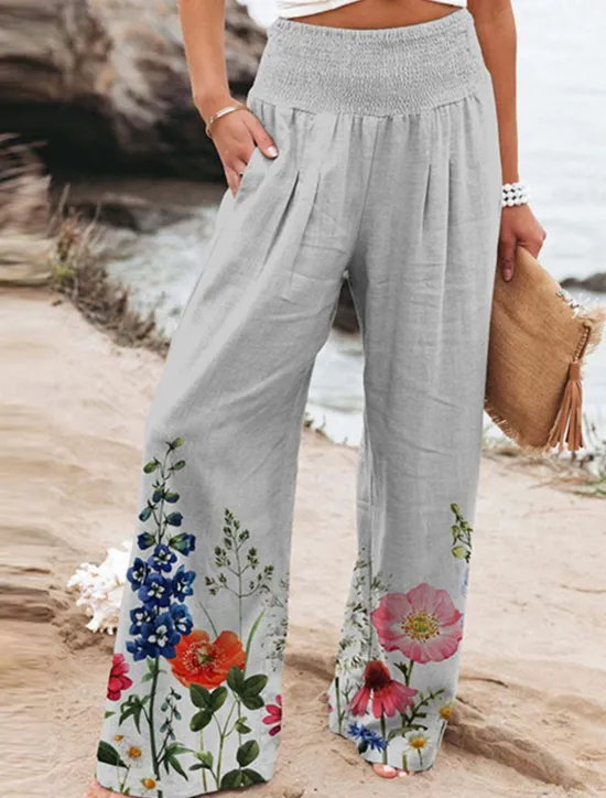 Clearance Women's Culottes Wide Leg Chinos Vacation Vintage Fashion Full Length High Waist Floral Pocket Elastic Waistband Comfy Soft Comfortable Micro-elastic Outdoor Vacation Magenta Robin's Egg Blue Pink Women Pants|Spring Pants
