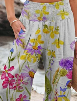 Clearance Women's Culottes Wide Leg Chinos Vacation Vintage Fashion Full Length High Waist Floral Pocket Elastic Waistband Comfy Soft Comfortable Micro-elastic Outdoor Vacation Magenta Robin's Egg Blue Pink Women Pants|Spring Pants