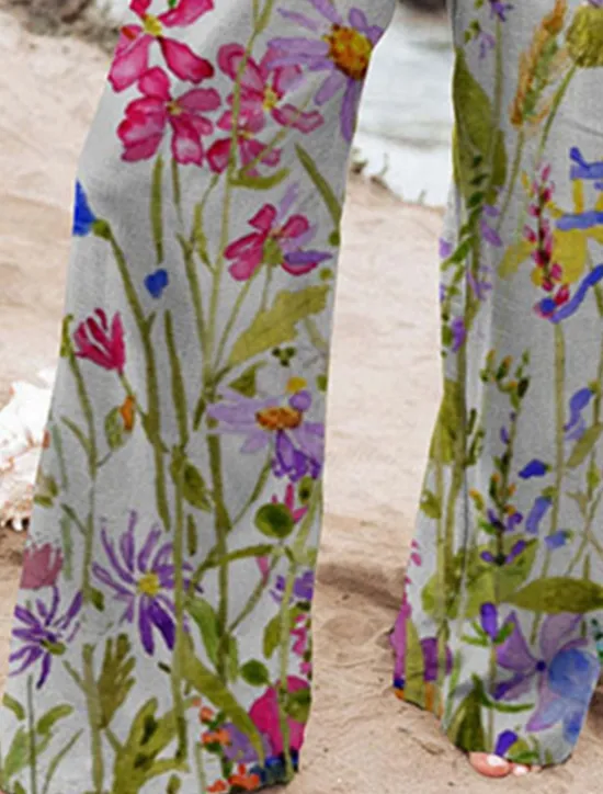 Clearance Women's Culottes Wide Leg Chinos Vacation Vintage Fashion Full Length High Waist Floral Pocket Elastic Waistband Comfy Soft Comfortable Micro-elastic Outdoor Vacation Magenta Robin's Egg Blue Pink Women Pants|Spring Pants
