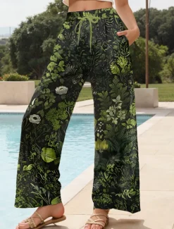 Outlet Women's Culottes Wide Leg Wide Leg Chinos Vacation Vintage Ethnic Style Full Length High Waist Floral Graphic Quick Dry Breathability Soft Inelastic Formal Outdoor Vacation Amethyst Robin's Egg Blue Women Pants