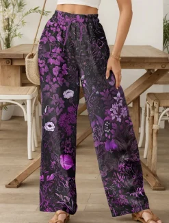 Outlet Women's Culottes Wide Leg Wide Leg Chinos Vacation Vintage Ethnic Style Full Length High Waist Floral Graphic Quick Dry Breathability Soft Inelastic Formal Outdoor Vacation Amethyst Robin's Egg Blue Women Pants