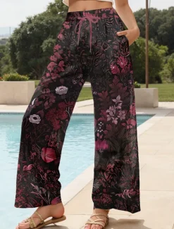 Outlet Women's Culottes Wide Leg Wide Leg Chinos Vacation Vintage Ethnic Style Full Length High Waist Floral Graphic Quick Dry Breathability Soft Inelastic Formal Outdoor Vacation Amethyst Robin's Egg Blue Women Pants