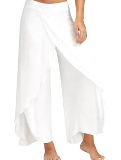 Online Women's Culottes Wide Leg Chinos Ruffle Layered Stretchy Mid Waist Basic Casual / Sporty Casual Daily Black White S M Summer Spring & Fall Women Pants