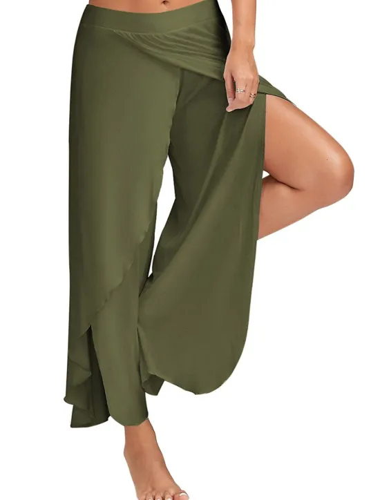 Online Women's Culottes Wide Leg Chinos Ruffle Layered Stretchy Mid Waist Basic Casual / Sporty Casual Daily Black White S M Summer Spring & Fall Women Pants