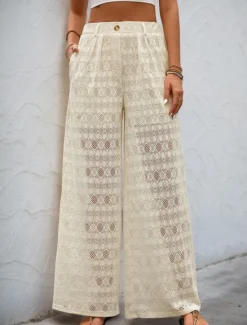 Clearance Women's Culottes Wide Leg Fashion Streetwear Stylish Full Length High Waist Plain Lace Knitted Comfy Soft Comfortable Micro-elastic Outdoor Vacation Party Summer Spring Fall Regular Fit Women Pants