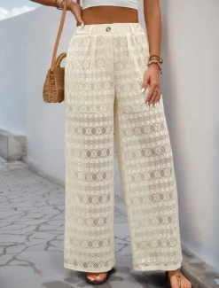 Clearance Women's Culottes Wide Leg Fashion Streetwear Stylish Full Length High Waist Plain Lace Knitted Comfy Soft Comfortable Micro-elastic Outdoor Vacation Party Summer Spring Fall Regular Fit Women Pants
