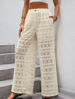 Clearance Women's Culottes Wide Leg Fashion Streetwear Stylish Full Length High Waist Plain Lace Knitted Comfy Soft Comfortable Micro-elastic Outdoor Vacation Party Summer Spring Fall Regular Fit Women Pants