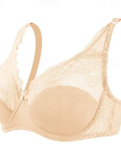 Discount Women's Curve Plus Size Solid Color Pure Color Flower / Floral Lace Lingerie Sexy V Neck Winter Fall Sheer Bras 3/4 Cup Black Dusty Rose Red Big Size 85/38C 90/40C 95/42C 100/44C Home Outfits Women Lingerie