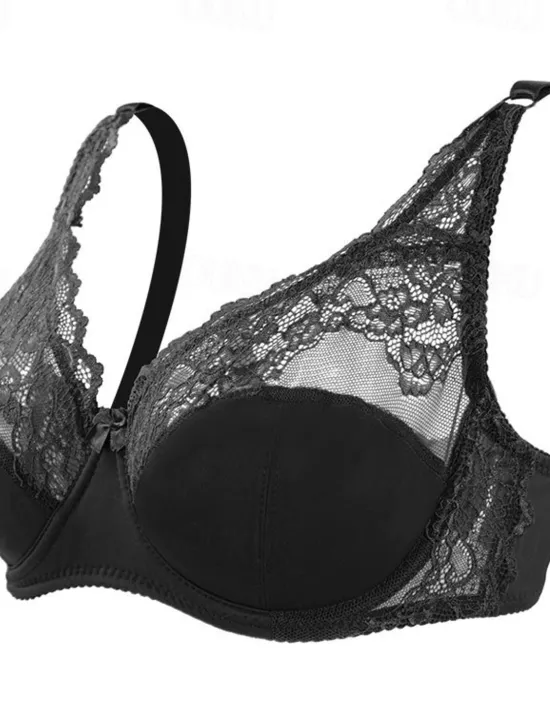 Discount Women's Curve Plus Size Solid Color Pure Color Flower / Floral Lace Lingerie Sexy V Neck Winter Fall Sheer Bras 3/4 Cup Black Dusty Rose Red Big Size 85/38C 90/40C 95/42C 100/44C Home Outfits Women Lingerie