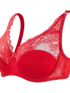 Discount Women's Curve Plus Size Solid Color Pure Color Flower / Floral Lace Lingerie Sexy V Neck Winter Fall Sheer Bras 3/4 Cup Black Dusty Rose Red Big Size 85/38C 90/40C 95/42C 100/44C Home Outfits Women Lingerie