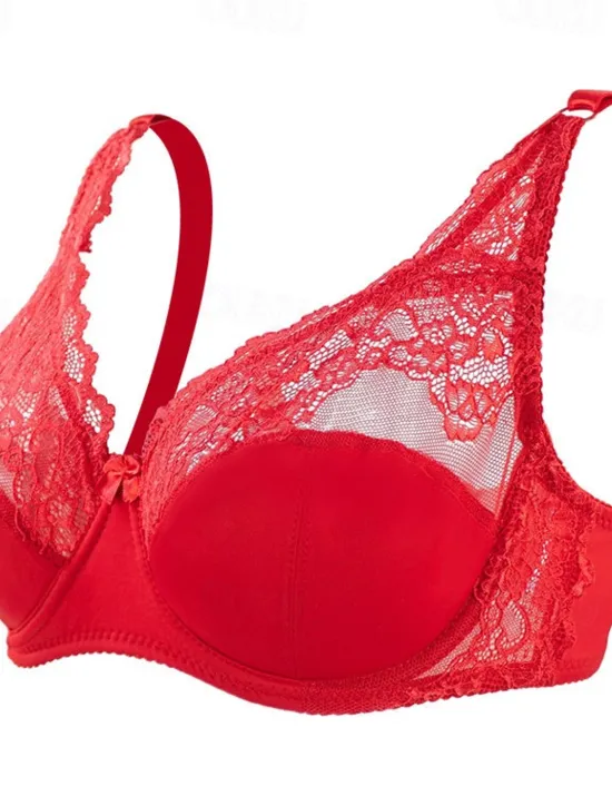 Discount Women's Curve Plus Size Solid Color Pure Color Flower / Floral Lace Lingerie Sexy V Neck Winter Fall Sheer Bras 3/4 Cup Black Dusty Rose Red Big Size 85/38C 90/40C 95/42C 100/44C Home Outfits Women Lingerie
