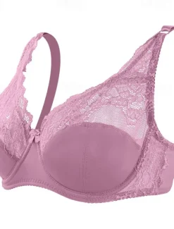Discount Women's Curve Plus Size Solid Color Pure Color Flower / Floral Lace Lingerie Sexy V Neck Winter Fall Sheer Bras 3/4 Cup Black Dusty Rose Red Big Size 85/38C 90/40C 95/42C 100/44C Home Outfits Women Lingerie