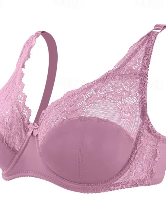 Discount Women's Curve Plus Size Solid Color Pure Color Flower / Floral Lace Lingerie Sexy V Neck Winter Fall Sheer Bras 3/4 Cup Black Dusty Rose Red Big Size 85/38C 90/40C 95/42C 100/44C Home Outfits Women Lingerie
