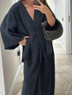 Online Women's Daily Basic Pants Sets Long Sleeve V Neck Plain Casual Daily Black Navy Blue Fuchsia Summer Oversized Women Two Piece Sets
