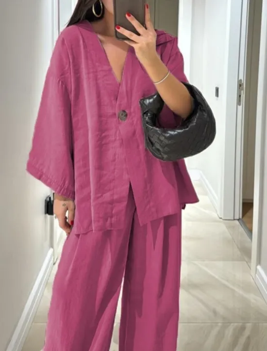 Online Women's Daily Basic Pants Sets Long Sleeve V Neck Plain Casual Daily Black Navy Blue Fuchsia Summer Oversized Women Two Piece Sets
