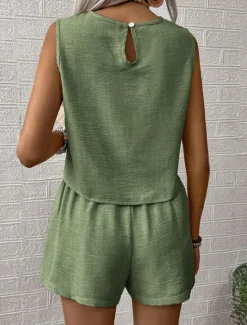 Outlet Women's Daily Basic Tank Top Baggy Shorts Sleeveless Crew Neck Plain Casual Daily Green Beige Summer Regular Fit Women Two Piece Sets