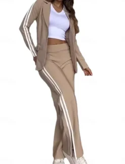 Best Women's Daily Blazer Wide Leg Pants Long Sleeve Shirt Collar Striped Patchwork Black White Khaki Spring & Fall Regular Fit Women Two Piece Sets