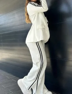 Best Women's Daily Blazer Wide Leg Pants Long Sleeve Shirt Collar Striped Patchwork Black White Khaki Spring & Fall Regular Fit Women Two Piece Sets