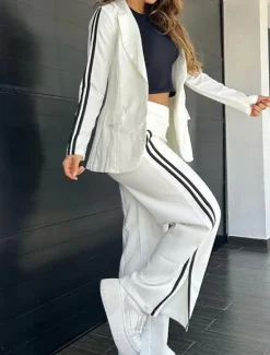 Best Women's Daily Blazer Wide Leg Pants Long Sleeve Shirt Collar Striped Patchwork Black White Khaki Spring & Fall Regular Fit Women Two Piece Sets