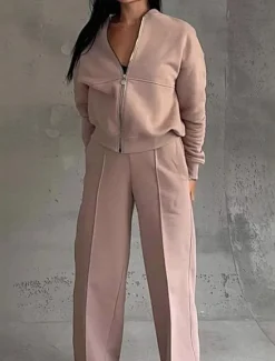 Discount Women's Daily Bolero Top Wide Leg Pants Long Sleeve Solid Color Zipper Outdoor Office Black Pink Beige Spring & Fall Regular Fit Women Two Piece Sets