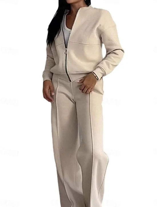 Discount Women's Daily Bolero Top Wide Leg Pants Long Sleeve Solid Color Zipper Outdoor Office Black Pink Beige Spring & Fall Regular Fit Women Two Piece Sets