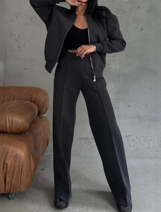 Discount Women's Daily Bolero Top Wide Leg Pants Long Sleeve Solid Color Zipper Outdoor Office Black Pink Beige Spring & Fall Regular Fit Women Two Piece Sets