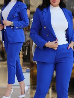 Discount Women's Daily Business Blazer Office Suit Pants Sets Dress Pants Pants Trousers Long Sleeve Plain Work Daily Black Burgundy Royal Blue Fall & Winter Regular Fit Women Two Piece Sets
