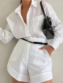 Sale Women's Daily Shirt Linen-Inspired Sets Two Piece Sets Baggy Shorts Long Sleeve Shirt Collar Solid Color Patchwork Outdoor Gray purple Blue Spring & Fall Regular Fit Women Sets