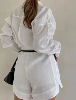 Sale Women's Daily Shirt Linen-Inspired Sets Two Piece Sets Baggy Shorts Long Sleeve Shirt Collar Solid Color Patchwork Outdoor Gray purple Blue Spring & Fall Regular Fit Women Sets