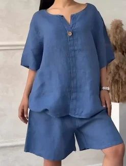 Women's Daily Shirt Linen-Inspired Sets Two Piece Sets Baggy Shorts Short Sleeve Crew Neck Solid Color Patchwork Casual White Red Blue Summer Loose Fit Women Sets