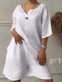 Women's Daily Shirt Linen-Inspired Sets Two Piece Sets Baggy Shorts Short Sleeve Crew Neck Solid Color Patchwork Casual White Red Blue Summer Loose Fit Women Sets