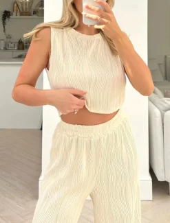 Clearance Women's Daily Tank Top Wide Leg Pants Sleeveless Crew Neck Casual Daily Green Beige Summer Regular Fit Women Two Piece Sets