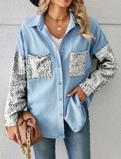 Sale Women's Denim Jacket Outdoor Street Daily Wear Fall Winter Regular Coat Regular Fit Breathable Stylish Casual Jacket Long Sleeve Leopard with Pockets Print Black White Blue Women Jackets