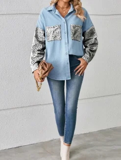 Sale Women's Denim Jacket Outdoor Street Daily Wear Fall Winter Regular Coat Regular Fit Breathable Stylish Casual Jacket Long Sleeve Leopard with Pockets Print Black White Blue Women Jackets