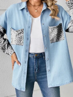 Sale Women's Denim Jacket Outdoor Street Daily Wear Fall Winter Regular Coat Regular Fit Breathable Stylish Casual Jacket Long Sleeve Leopard with Pockets Print Black White Blue Women Jackets