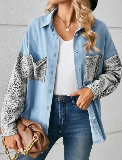 Sale Women's Denim Jacket Outdoor Street Daily Wear Fall Winter Regular Coat Regular Fit Breathable Stylish Casual Jacket Long Sleeve Leopard with Pockets Print Black White Blue Women Jackets