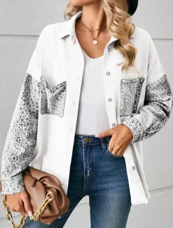 Sale Women's Denim Jacket Outdoor Street Daily Wear Fall Winter Regular Coat Regular Fit Breathable Stylish Casual Jacket Long Sleeve Leopard with Pockets Print Black White Blue Women Jackets
