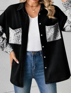 Sale Women's Denim Jacket Outdoor Street Daily Wear Fall Winter Regular Coat Regular Fit Breathable Stylish Casual Jacket Long Sleeve Leopard with Pockets Print Black White Blue Women Jackets