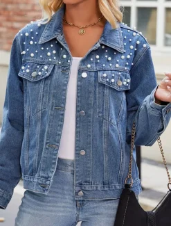 Hot Women's Denim Jacket Outdoor Street Daily Wear Fall Winter Short Coat Regular Fit Thermal Warm Breathable Stylish Casual Jacket Long Sleeve Solid Color with Pockets Beaded Black Blue Women Jackets
