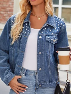 Hot Women's Denim Jacket Outdoor Street Daily Wear Fall Winter Short Coat Regular Fit Thermal Warm Breathable Stylish Casual Jacket Long Sleeve Solid Color with Pockets Beaded Black Blue Women Jackets
