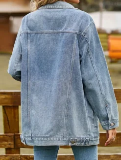 Online Women's Denim Jacket Outdoor Street Daily Wear Fall Winter Regular Coat Regular Fit Thermal Warm Breathable Stylish Casual Jacket Long Sleeve Solid Color with Pockets Light Blue Black Pink Women Jackets