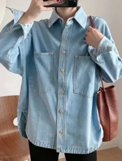 Sale Women's Denim Jacket Outdoor Street Daily Wear Fall Winter Regular Coat Regular Fit Thermal Warm Breathable Stylish Casual Jacket Long Sleeve Solid Color with Pockets Women Jackets