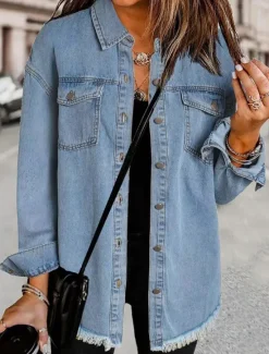 Sale Women's Denim Jacket Outdoor Adjustable Plain Casual / Daily Stylish Regular Fit Outerwear Long Sleeve Fall Blue S Women Jackets